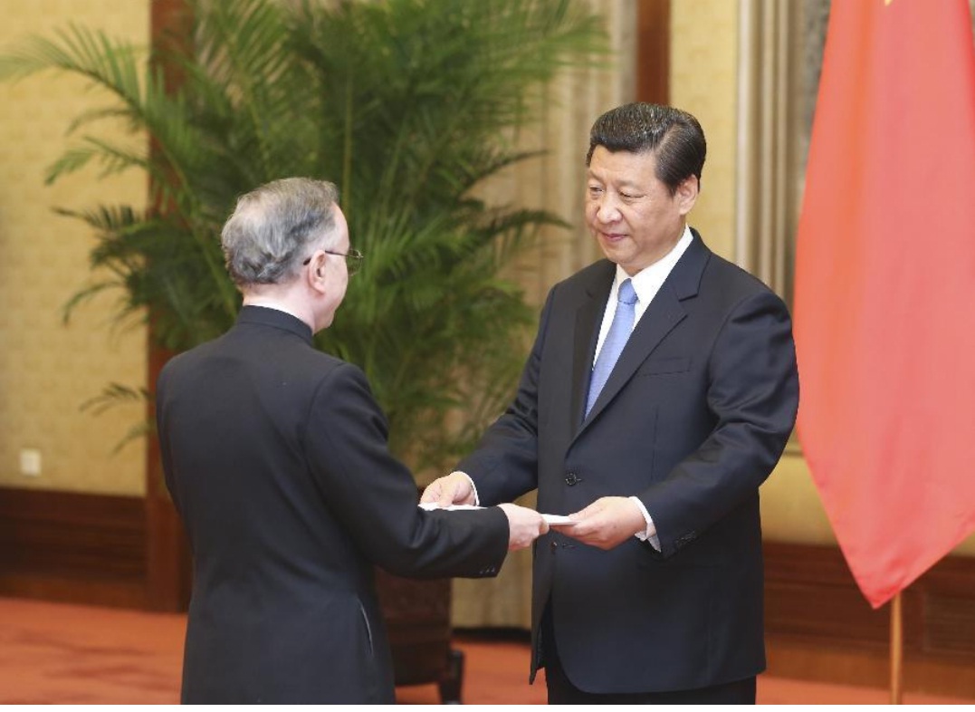 Pakistan’s Ambassador to China, Masood Khalid presenting his credentials to Chinese President Xi Jinping at the Great Hall of the People in Beijing.